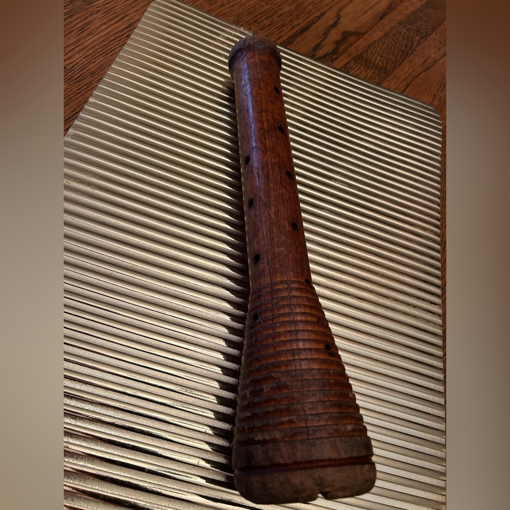Antique Wooden Spinning Bobbin, use alone or candlestick. 12”. Brass inner ring.